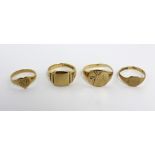 Two gentlemen's 9ct gold signet rings, size S and P and two ladies' 9ct gold signet rings,