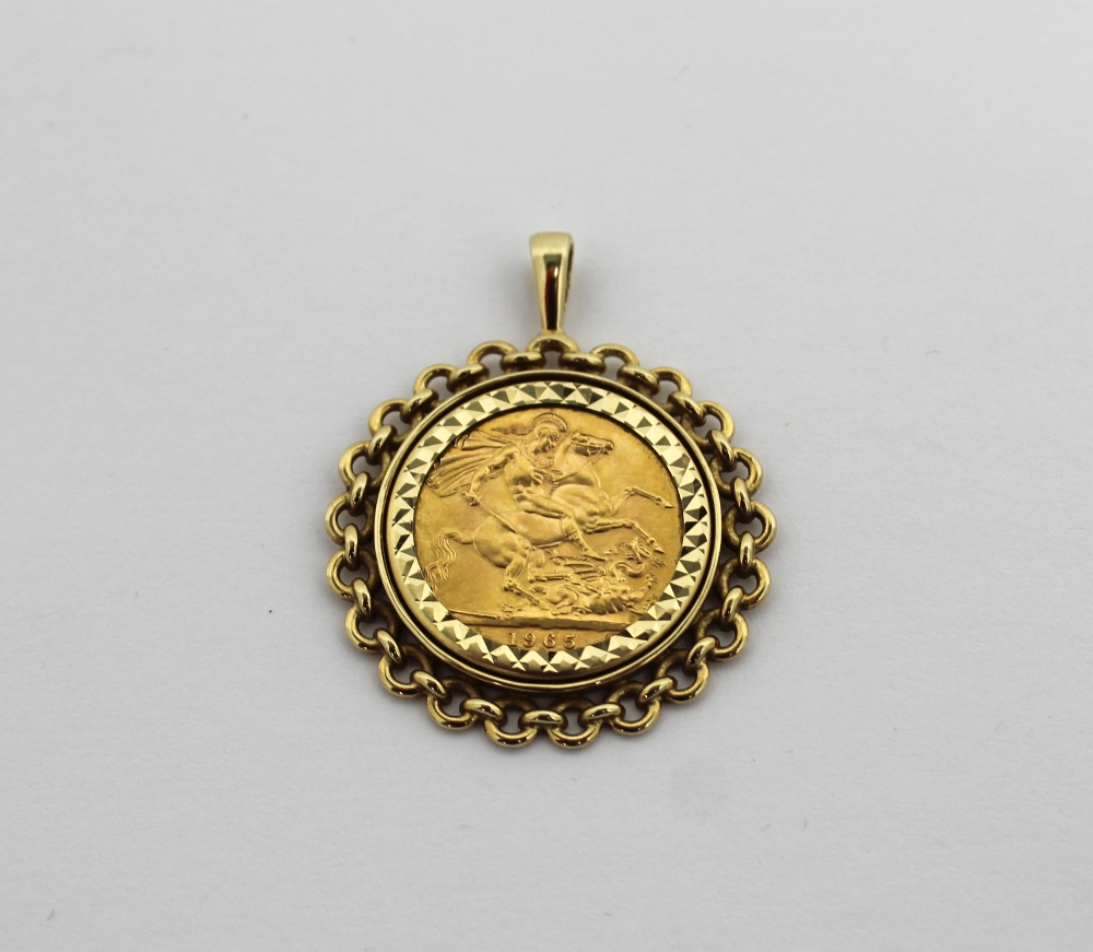 An Elizabeth II full sovereign,1965, in a 9ct gold scrolling pendant mount, approx 12.6g.