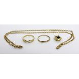 A 14ct gold dress ring set with three small white stones, size N, a 14ct gold plain band (af),