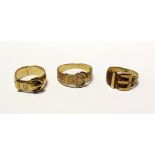Three gentlemen's 9ct gold buckle rings, sizes Q, R and X, combined approx 16g (3).