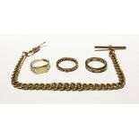 A 9ct gold fob chain (af), a yellow metal eternity ring set with small yellow stones, size L,