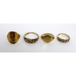 Four 9ct gold dress rings; a gentlemen's 'Mizpah' ring, size W, a ladies' 'Mizpah' ring, size O,