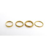 Four 22ct gold ladies' wedding bands, size I, J, M, and K, approx combined 13g (4).