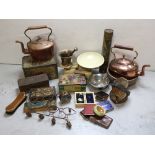 Mixed metalware to include a bronze pestle and mortar, two large Victorian copper kettles,