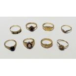 Eight 9ct gold ladies' dress rings to include a buckle ring, size L, a signet ring, size P,