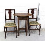 A pair of Edwardian mahogany bedroom chairs and an early 20th century small drop-leaf side table,