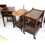 A mahogany bedside cabinet with one central drawer over lower shelf, a c1940 oak tea trolley,