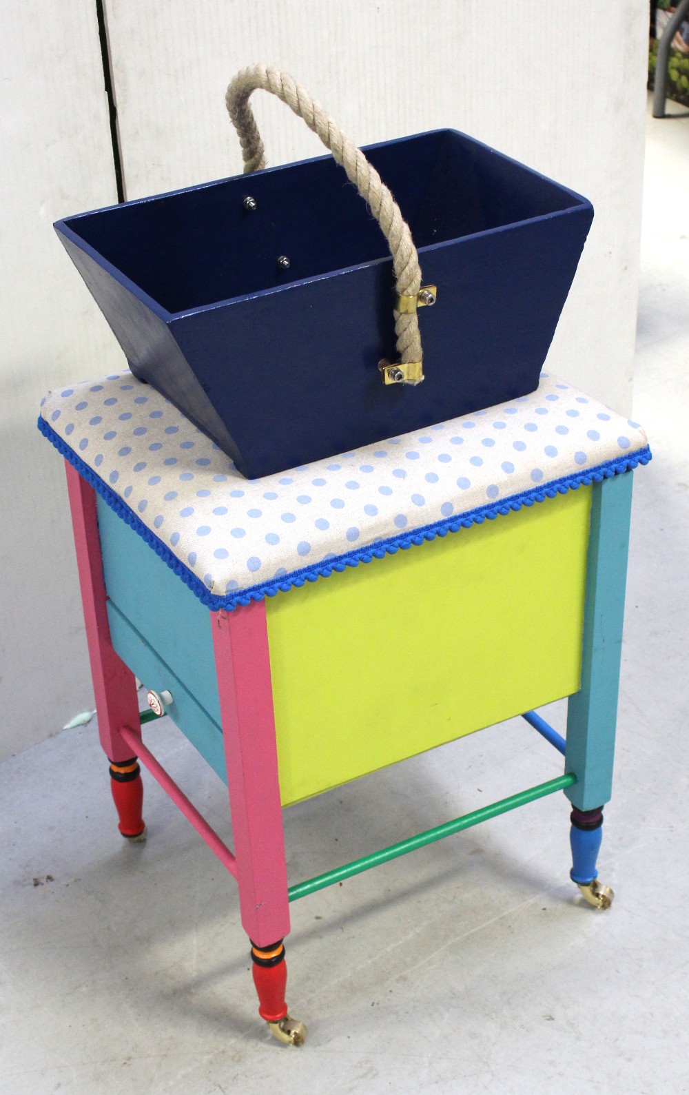 A painted and upholstered sewing stool and a trug with rope handle (2). - Image 2 of 2