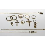 A quantity of 9ct gold and yellow metal jewellery to include chains, pendants and hoop earrings etc,