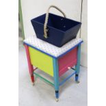 A painted and upholstered sewing stool and a trug with rope handle (2).