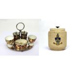A c1870 Davenport Imari palette condiment set comprising salt and pepper pot and two egg cups and