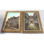 H D ROUND; a pair of sand pictures of 18th century town scenes, gabled houses and figures,