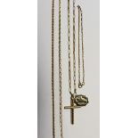 A 9ct gold link chain with a cross and a white metal St Christopher, a 9ct gold chain (af),