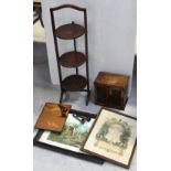 A mid-20th century cake stand, an oak smoker's cabinet with four vintage pipes to interior,