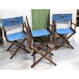 Five mahogany-framed campaign/directors' chairs with blue canvas seats and backs,