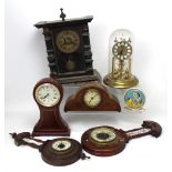 A mixed lot including inlaid oak mantel timepiece, Victorian clock for restoration,