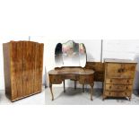 A 1930s burr walnut bedroom suite comprising wardrobe, width 220cm, kidney-shaped dressing table,