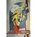 A tapestry in the style of Jean Cocteau's, 'Le Coq et Le Harlequin' c1930s, 95 x 50cm, framed.