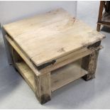 An Indian square side table with one lower shelf, on block supports with iron hinge decoration,