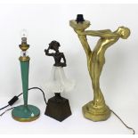Three Art Deco style table lamps; one green column lamp with brass and glass decoration,