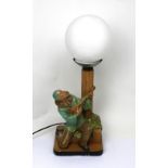 An Art Deco table lamp modelled as Pierrot with lute beneath street lamp, opaque white glass globe,