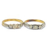 Two 18ct yellow gold three stone diamond rings with platinum illusion setting, both size O,