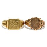 A 9ct yellow gold gentleman's signet ring with square platform set with small diamond to one corner,