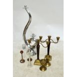 A collection of candelabra including a large chromed scrolling example, height 94cm (6).