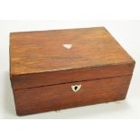 A rectangular mahogany sewing box with inlaid mother of pearl detail, width 24.5cm, height 10.8cm.