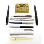 A group of nine fountain and ballpoint pens including Parker, Platignum, Cotswold 'Champion' etc,