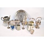 A group of electroplated items to include a spirit kettle stand,
