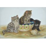 BESSIE BAMBER (fl 1900-1910); oil on milk glass, study of three kittens, one seated inside a bowl,