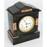 A 19th century black slate mantel clock, the circular dial set with Roman numerals (af),