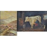 LATE 19TH CENTURY ENGLISH SCHOOL; oil on card, stable scene with seated figure milking a cow,