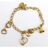 A 9ct yellow gold charm bracelet with four charms (two hallmarked for 9ct yellow gold,