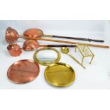 A small group of metalware including a copper and brass warming pan, a brass 'Simplex No.