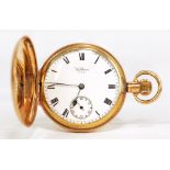 WALTHAM; an early 20th century 9ct yellow gold full hunter crown wind pocket watch,
