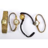 Four lady's wristwatches comprising an unsigned 9ct yellow gold cased example and three further