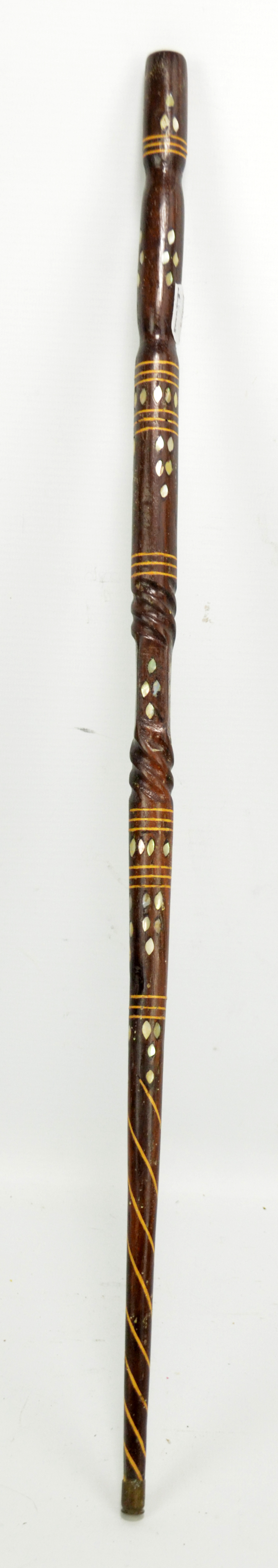 A wooden swagger stick with inlaid mother of pearl detail, length 61.5cm.