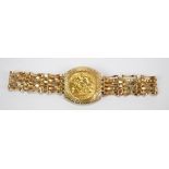 A 9ct yellow gold bracelet with central mounted Elizabeth II half sovereign, 1982,