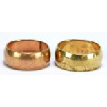 A 9ct yellow gold wedding band, size U1/2 and a rose gold example, size S, approx 15.9g (2).