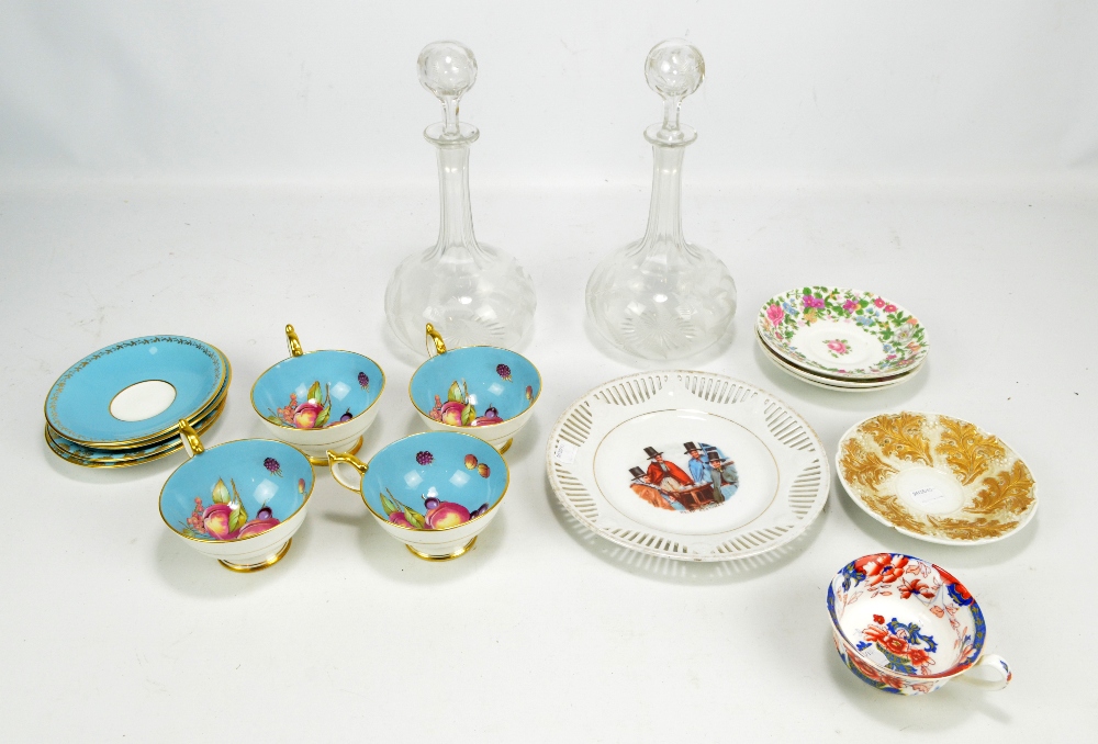 A small group of ceramics including four Aynsley fruit decorated cups with matched saucers,