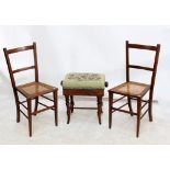 A pair of Edwardian inlaid cane seated bedroom chairs and a Victorian piano stool with floral