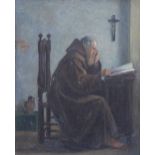 19TH CENTURY ENGLISH SCHOOL; oil on relined canvas, monk at study, unsigned, 25 x 20cm, framed.