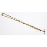 A 9ct yellow gold necklace with suspended T-bar, length of chain 46cm, approx 9.