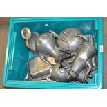 A quantity of electroplated and pewter items including tea and coffee pots, bottle coasters,