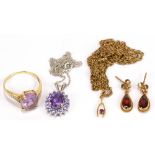 A small group of jewellery comprising a 9ct yellow gold amethyst and diamond lady's dress ring,