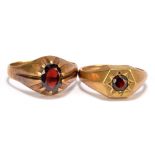 Two 9ct yellow gold gentleman's signet rings, each set with a garnet, size V & Y, combined approx 9.