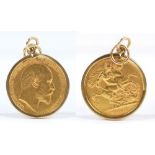 An Edward VII half sovereign, 1905, in 9ct gold pendant mount.