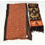 A Kuba fabric panel adorned with shells and with stitched detail, length approx 156cm,